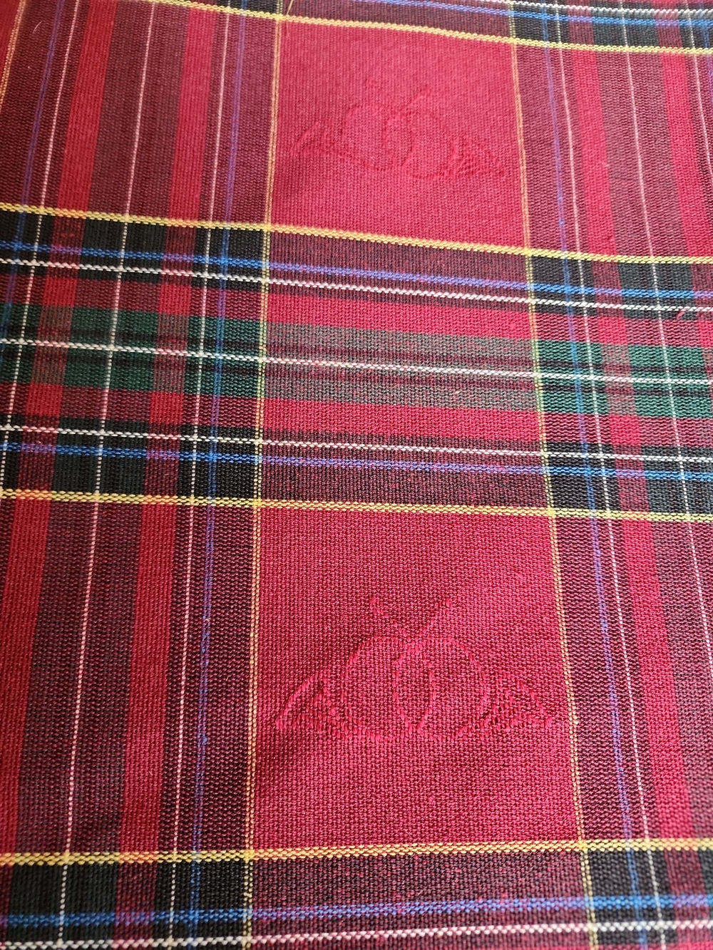 Red Plaid Tartan Fabric Material Embossed Script 7 Yds + 3 Yds French Horns